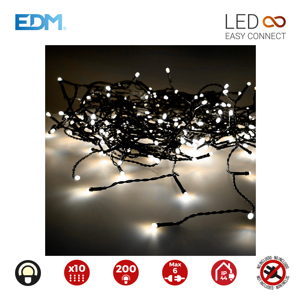 CORTINA EASY-CONNECT BRANCO QUENTE 10 FILAS 200 LEDS IP44 30V TOTAL 3,2W 2X2M 